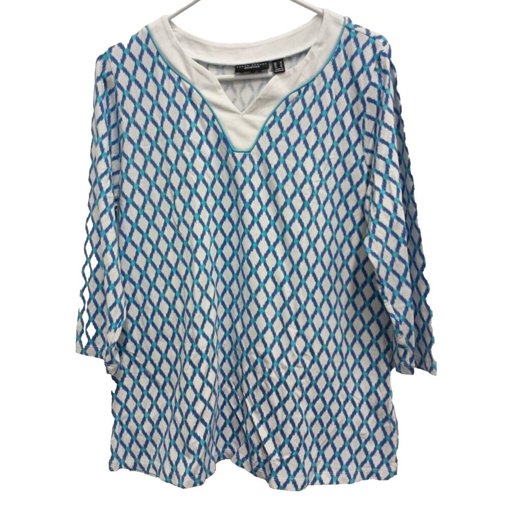 Susan Graver Weekend Tunic Top Womens Large Blue White Argyle 3/4 Sleeve Casual‎